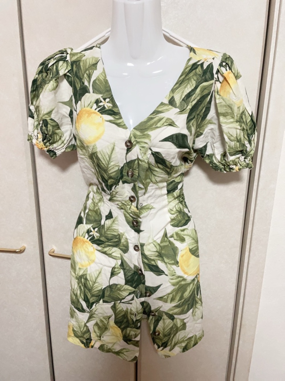 Lemon Leaf Puff-Sleeve Mini Dress - Green & Yellow